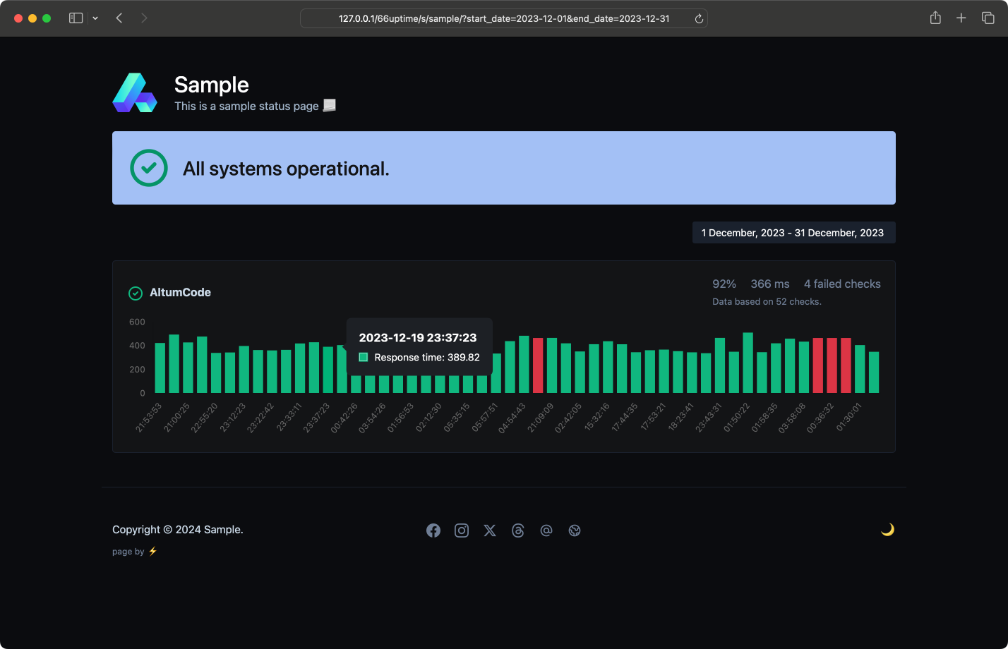 Screenshot einer Statusseite